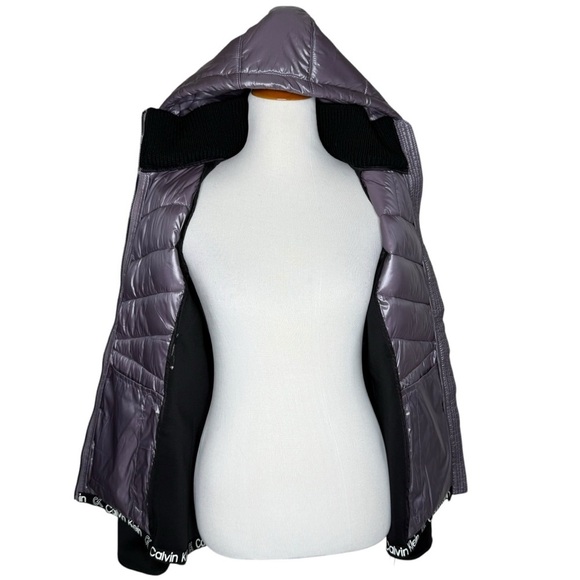 Calvin Klein Womens Purple and Black Mixed Media Hooded Puffer Jacket Size M NWT - Picture 9 of 15